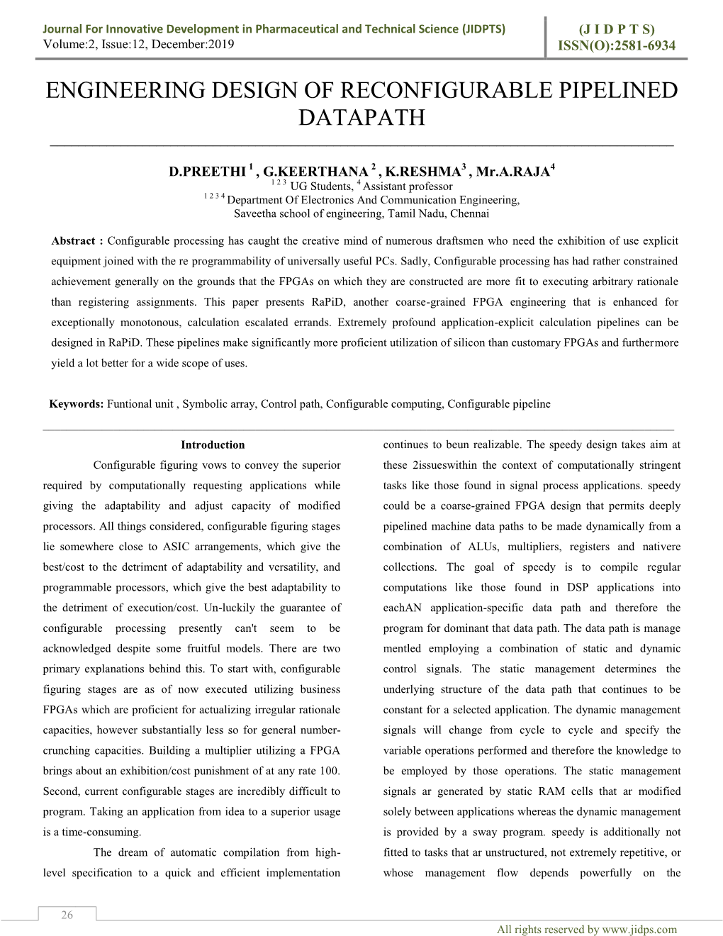 ENGINEERING DESIGN of RECONFIGURABLE PIPELINED DATAPATH.Pdf