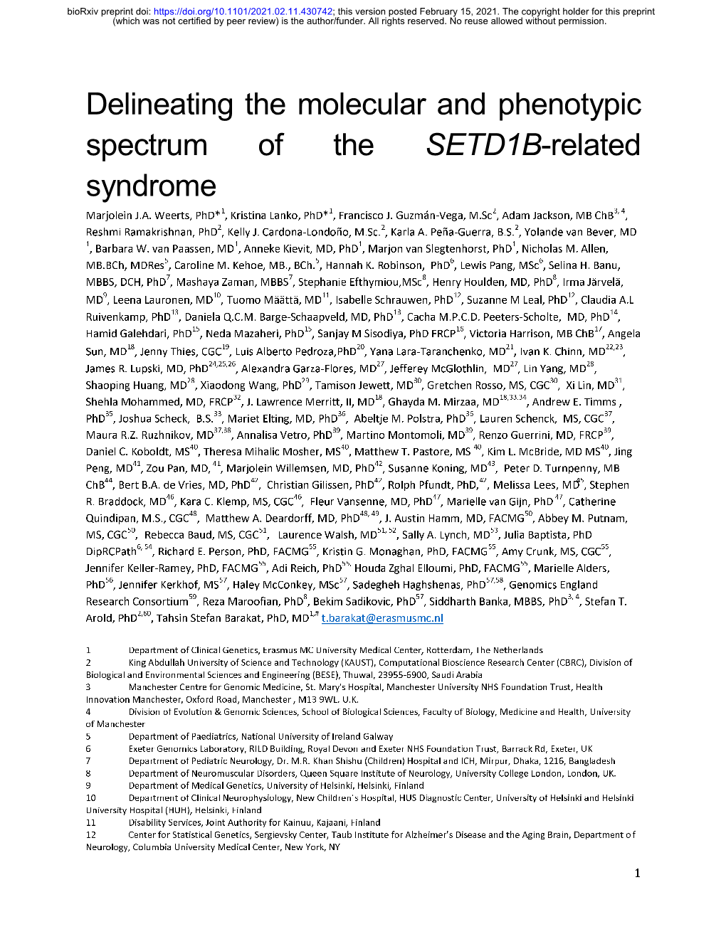 Delineating the Molecular and Phenotypic Spectrum of the SETD1B-Related Syndrome Marjolein J.A