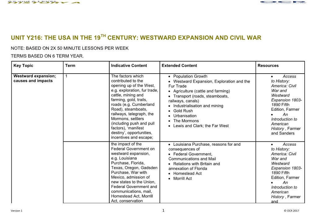 OCR a an AS History Unit Y216 Scheme of Work