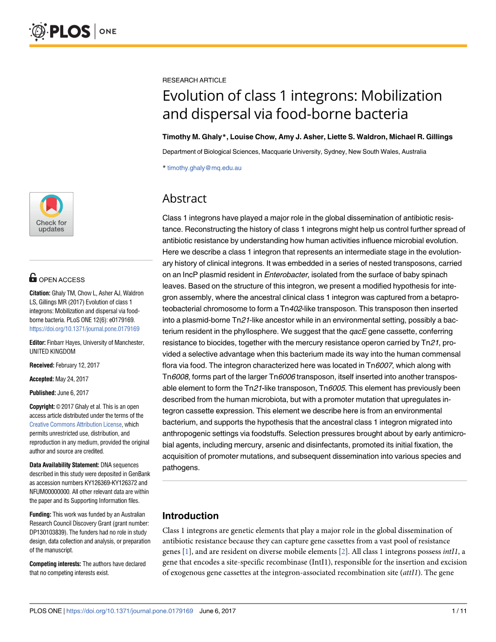 Evolution of Class 1 Integrons: Mobilization and Dispersal Via Food-Borne Bacteria