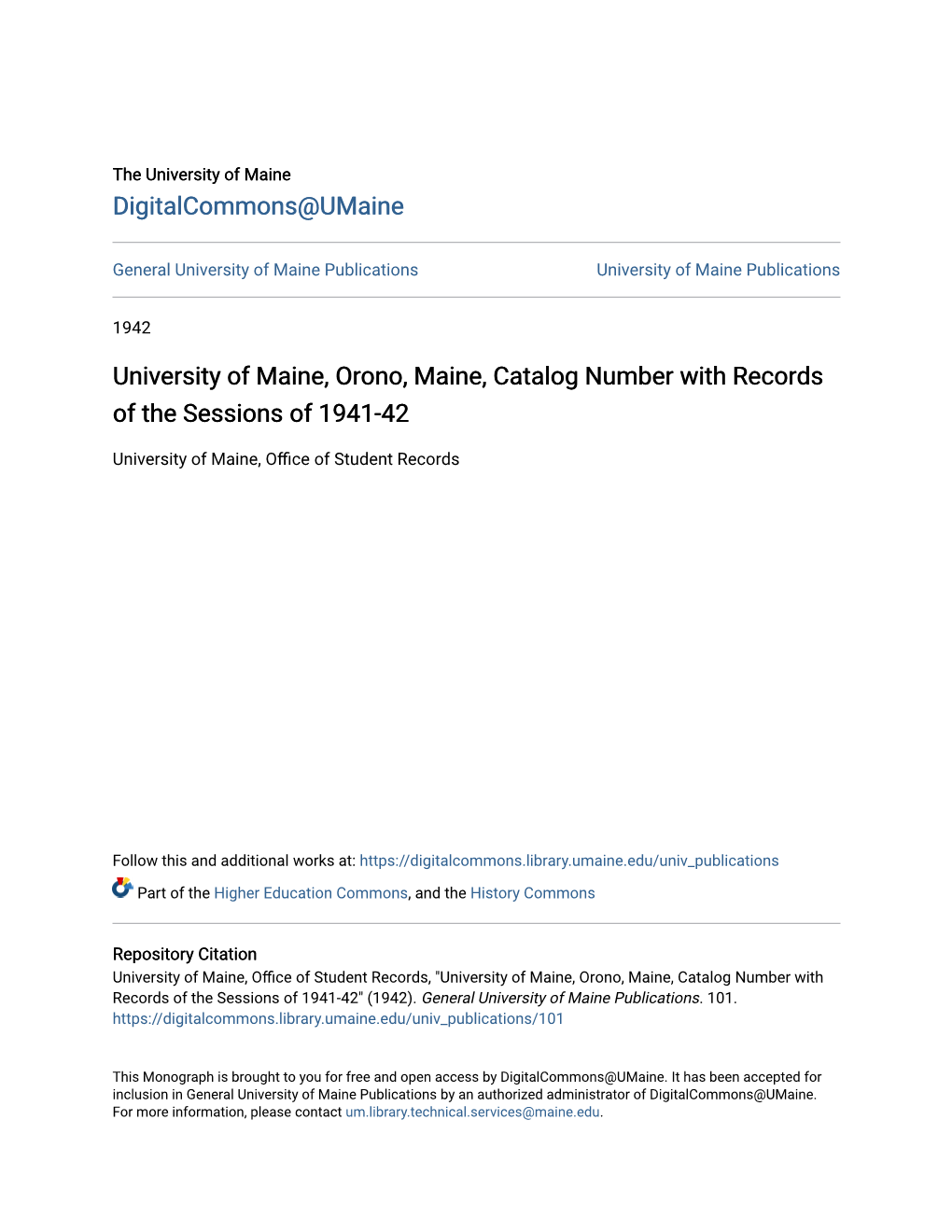 University of Maine, Orono, Maine, Catalog Number with Records of the Sessions of 1941-42