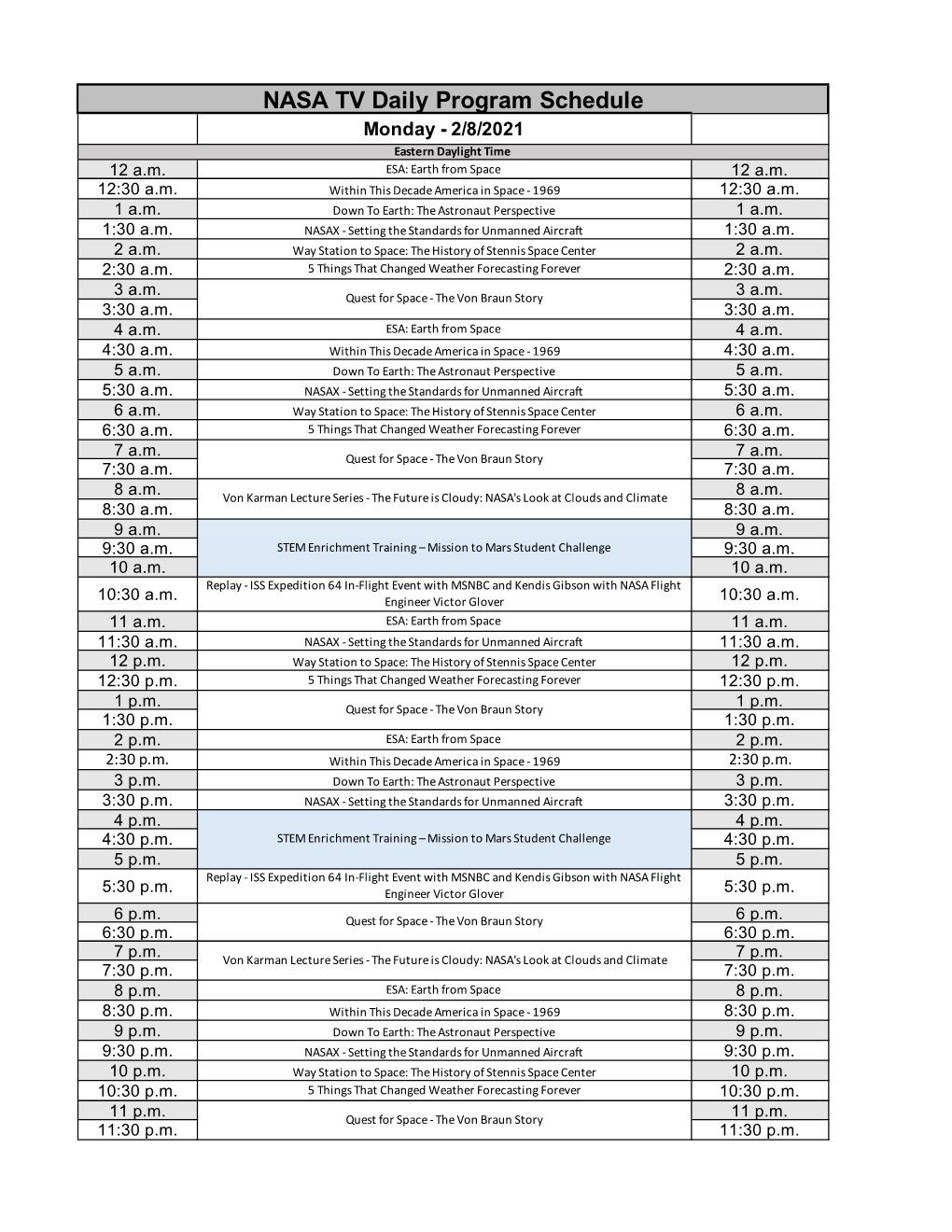 NASA TV Daily Program Schedule Monday - 2/8/2021 Eastern Daylight Time 12 A.M