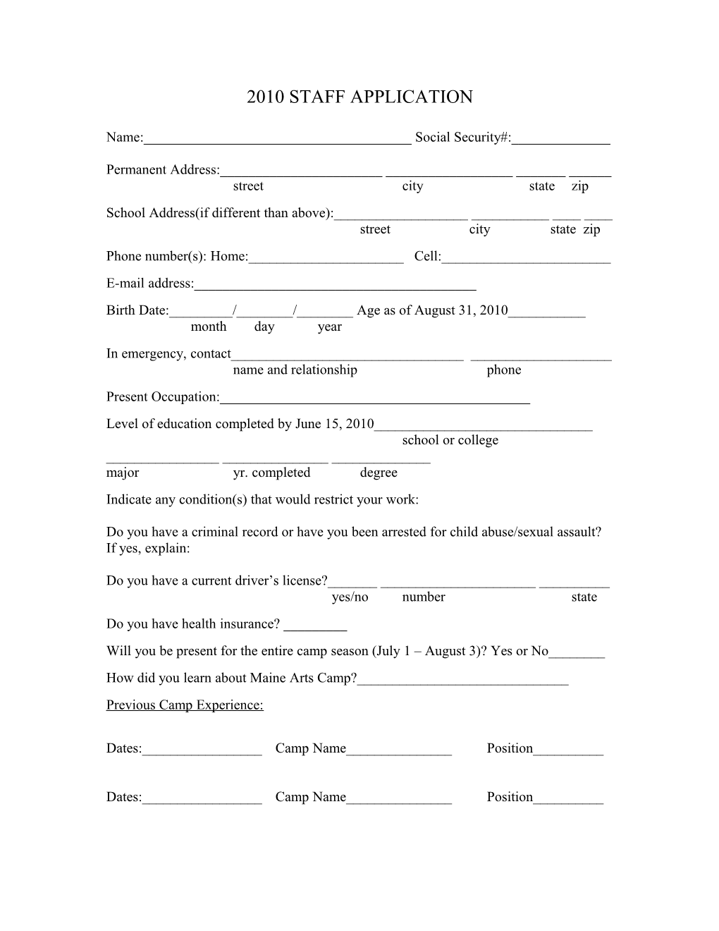 2010 Staff Application