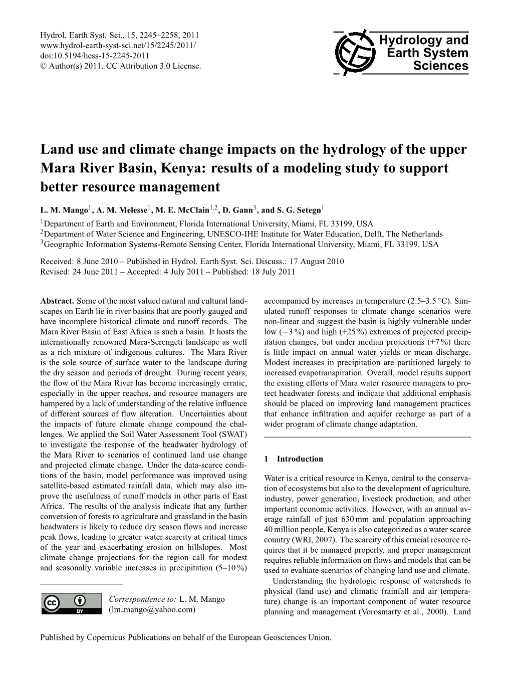 Land Use and Climate Change Impacts on the Hydrology of the Upper Mara River Basin, Kenya: Results of a Modeling Study to Support Better Resource Management