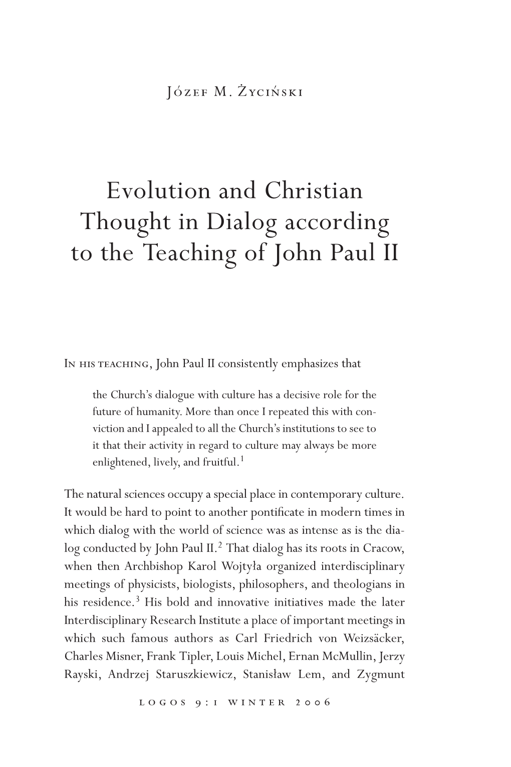 Evolution and Christian Thought in Dialog According to the Teaching of John Paul II