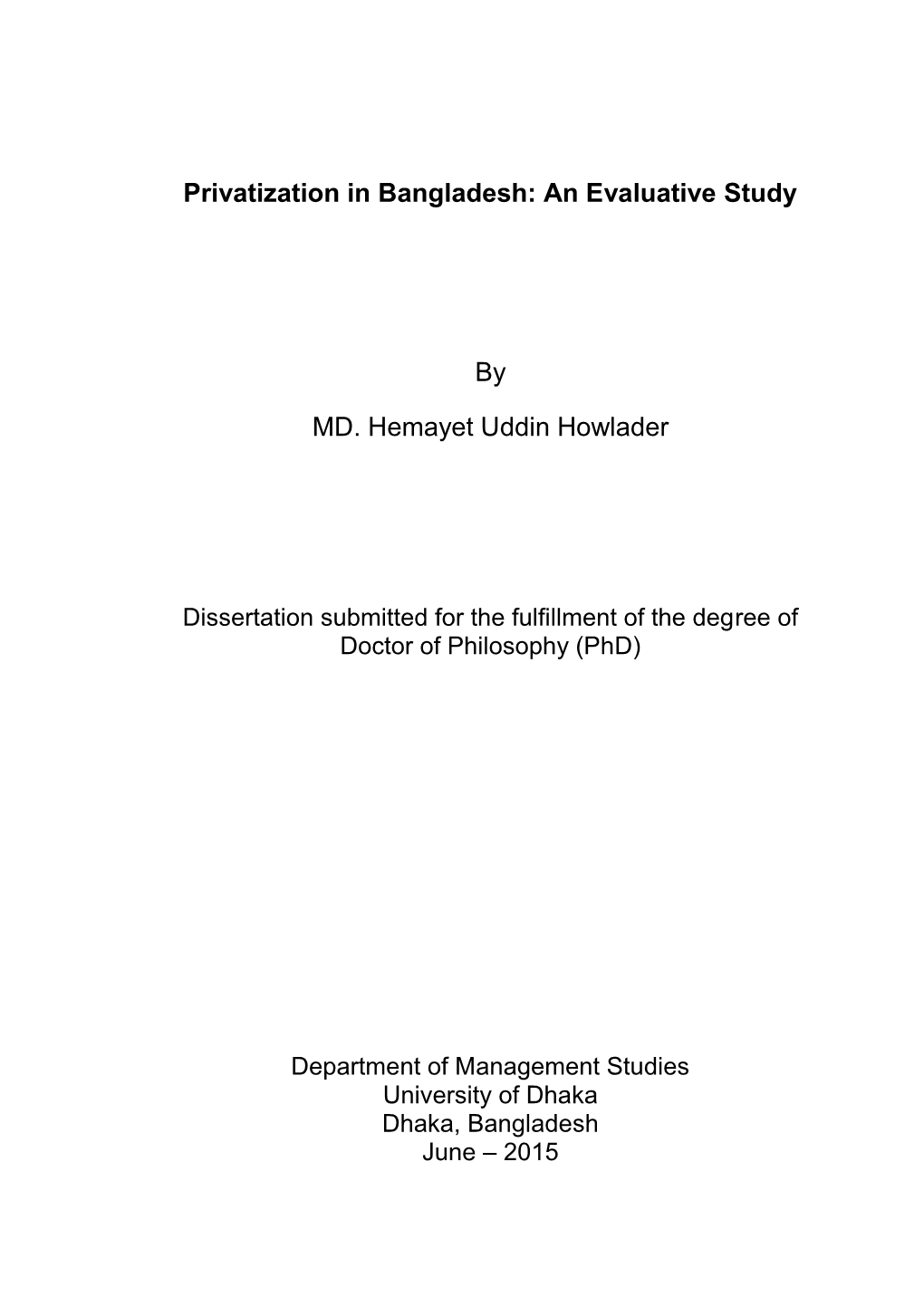 Privatization in Bangladesh: an Evaluative Study by MD. Hemayet