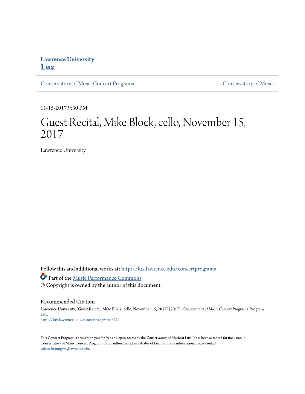 Guest Recital, Mike Block, Cello, November 15, 2017 Lawrence University