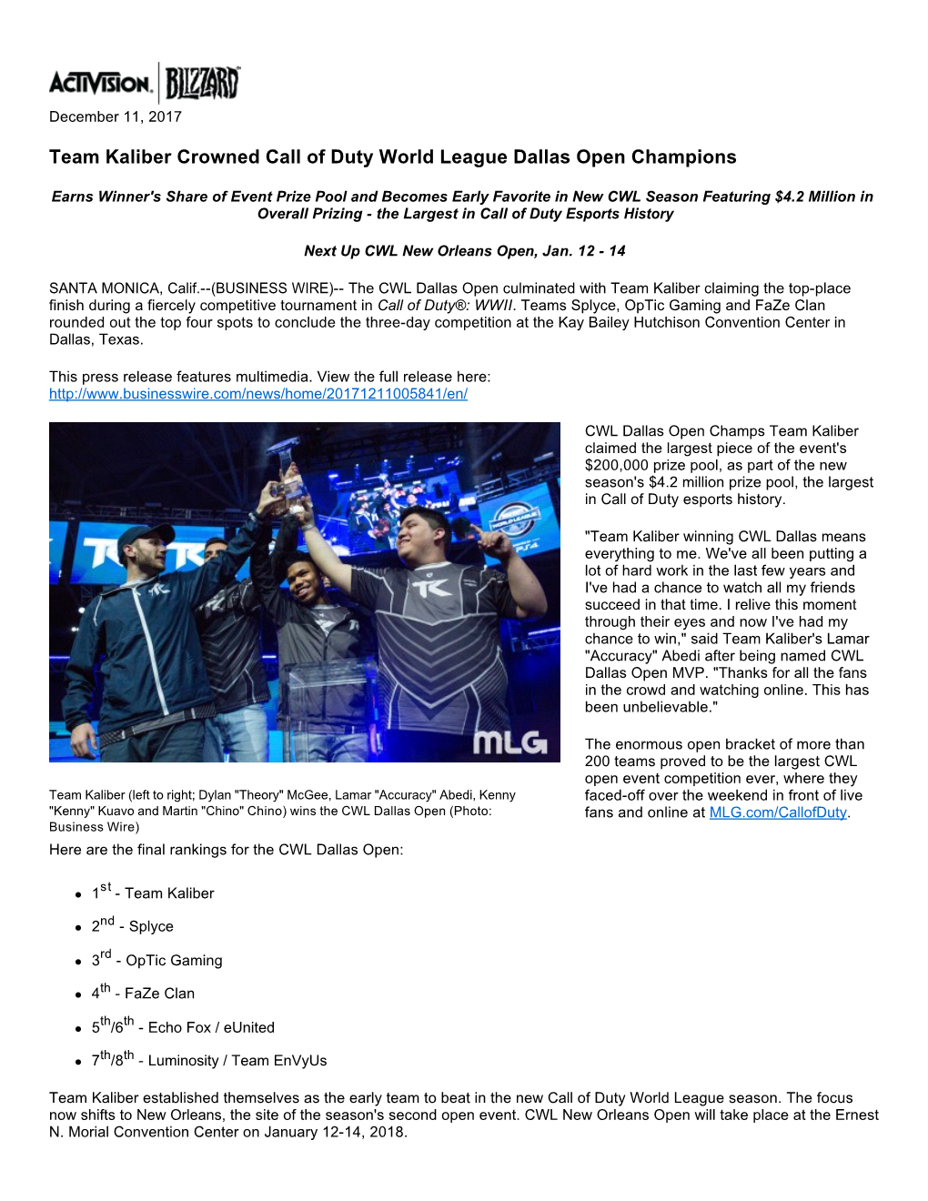 Team Kaliber Crowned Call of Duty World League Dallas Open Champions