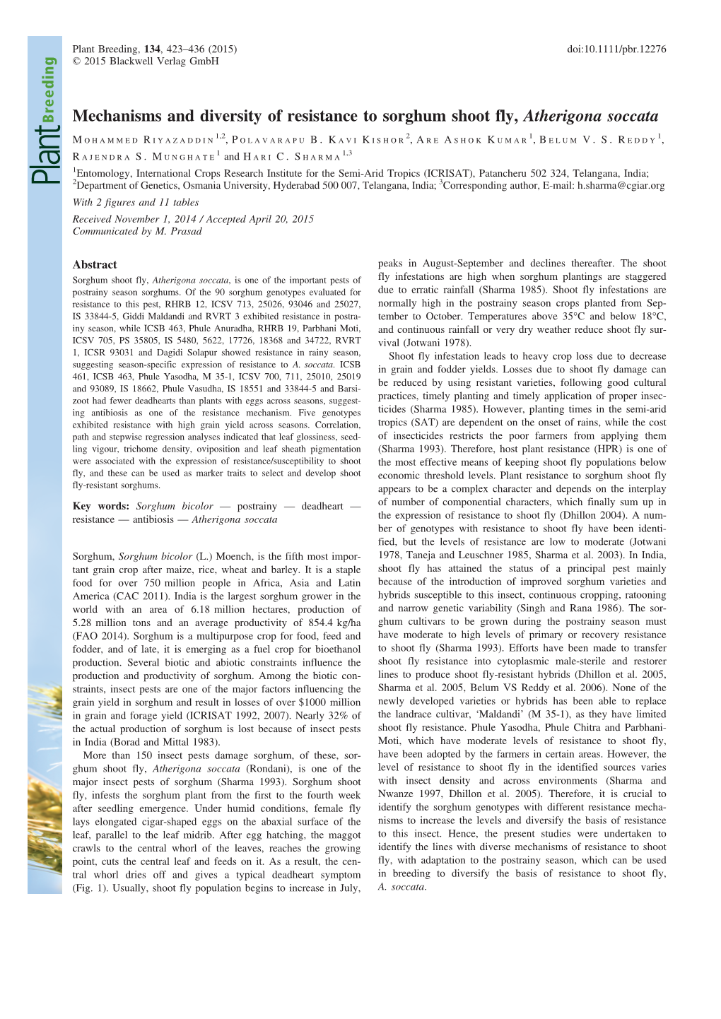 Mechanisms and Diversity of Resistance to Sorghum Shoot Fly, Atherigona Soccata