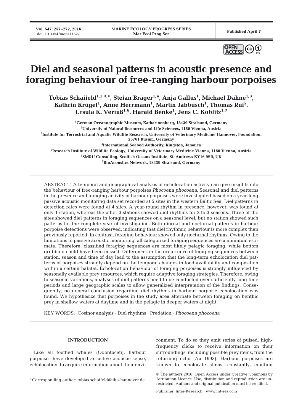 Diel and Seasonal Patterns in Acoustic Presence and Foraging Behaviour of Free-Ranging Harbour Porpoises