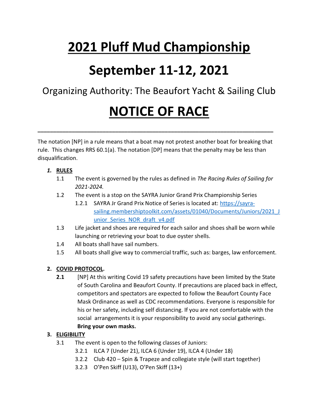 2021 Pluff Mud Championship September 11-12, 2021 NOTICE