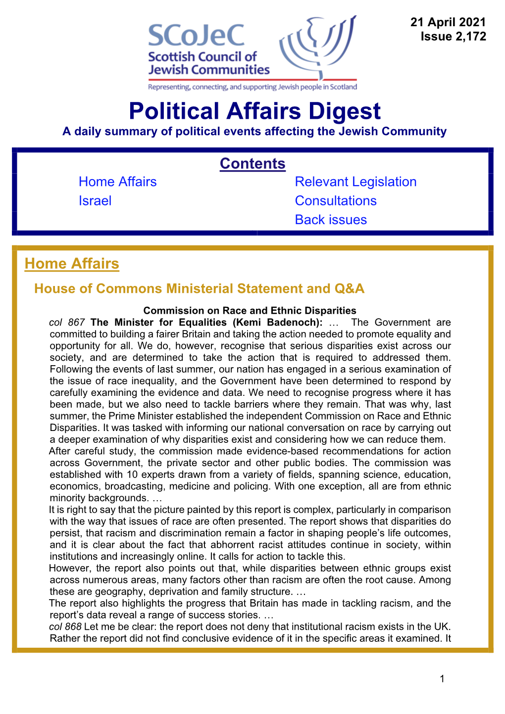 Political Affairs Digest a Daily Summary of Political Events Affecting the Jewish Community