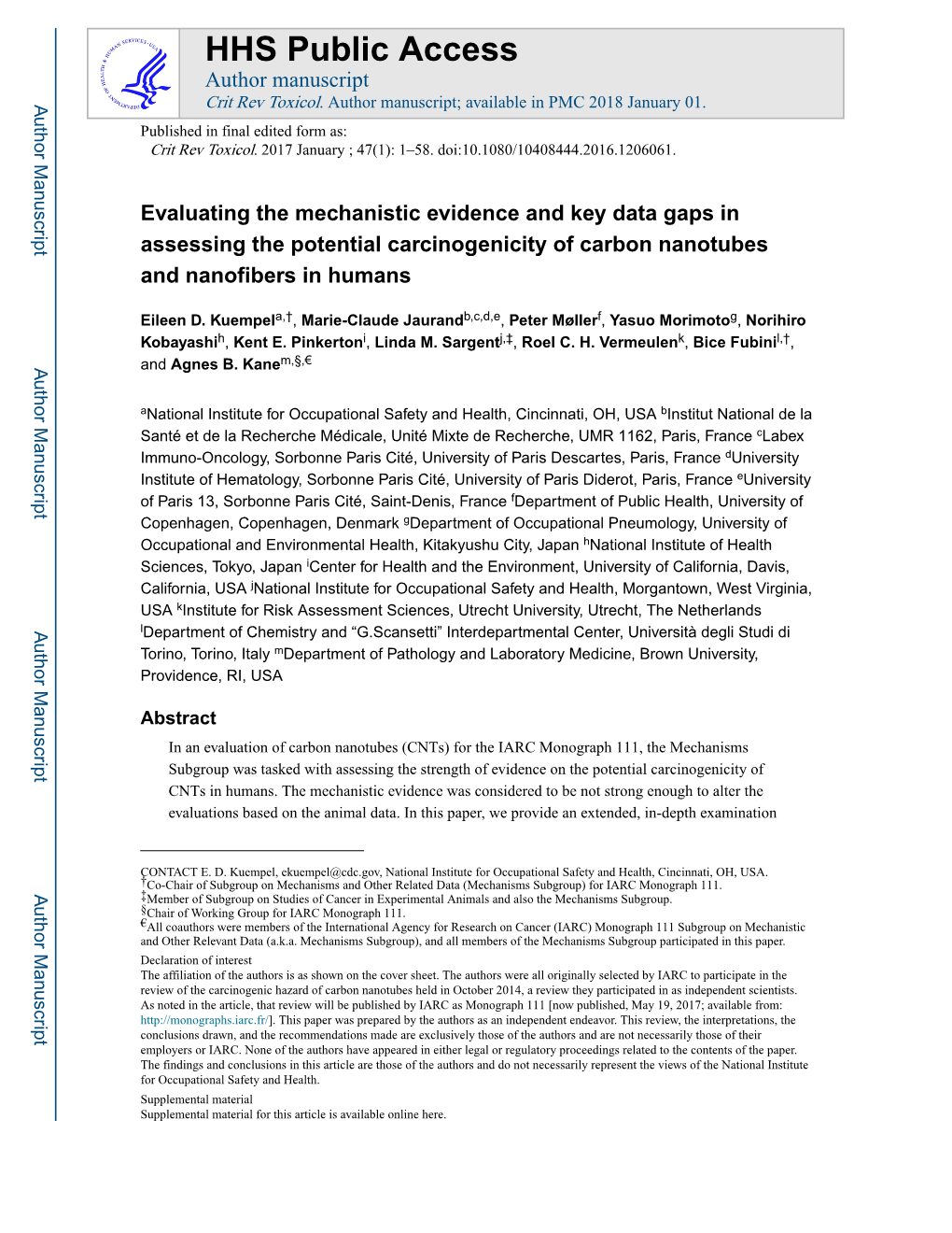 Evaluating the Mechanistic Evidence and Key Data Gaps in Assessing the Potential Carcinogenicity of Carbon Nanotubes and Nanofibers in Humans