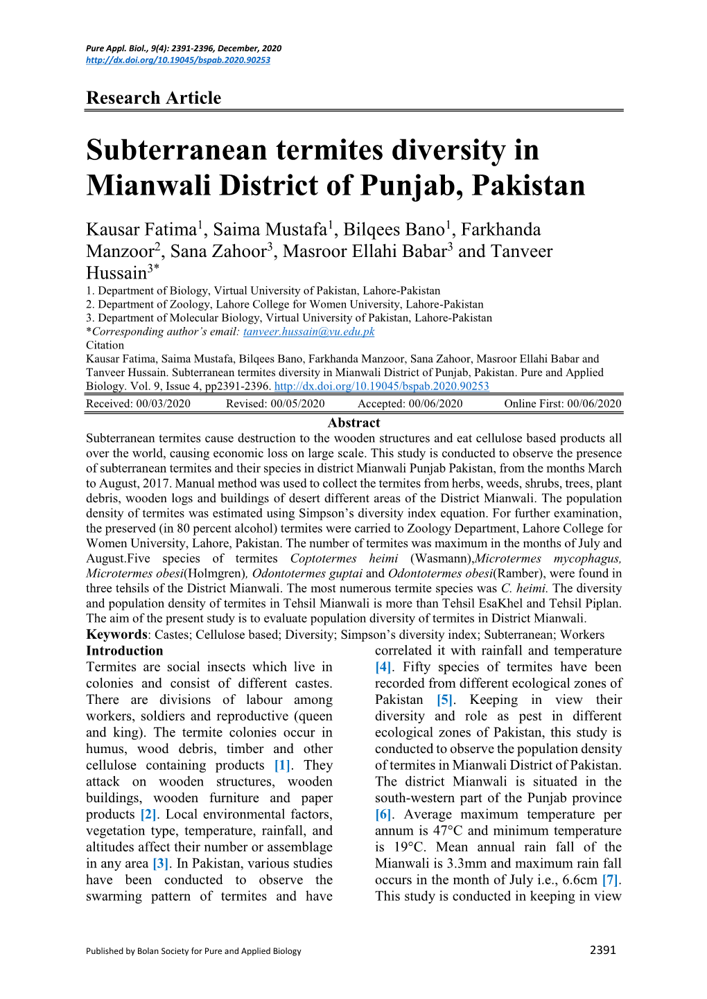 Subterranean Termites Diversity in Mianwali District of Punjab, Pakistan