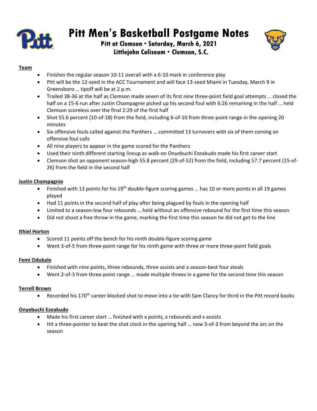 Pitt Men's Basketball Postgame Notes