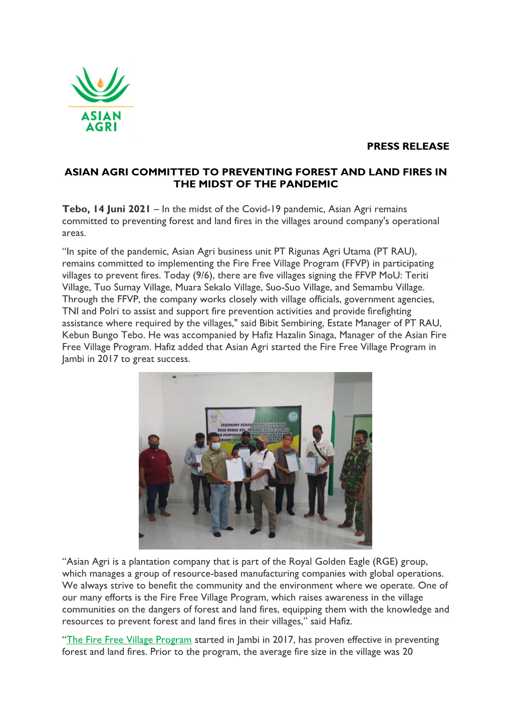 Press Release Asian Agri Committed to Preventing