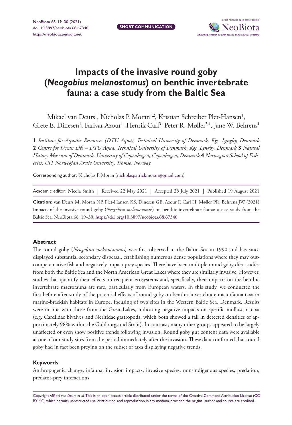 Impacts of the Invasive Round Goby (Neogobius Melanostomus) on Benthic Invertebrate Fauna: a Case Study from the Baltic Sea