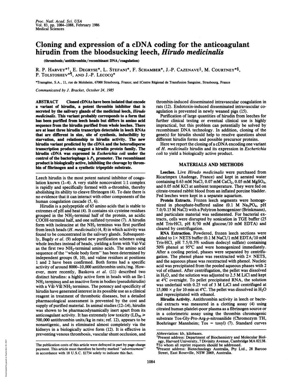 Cloning and Expression of a Cdna Coding for the Anticoagulant Hirudin