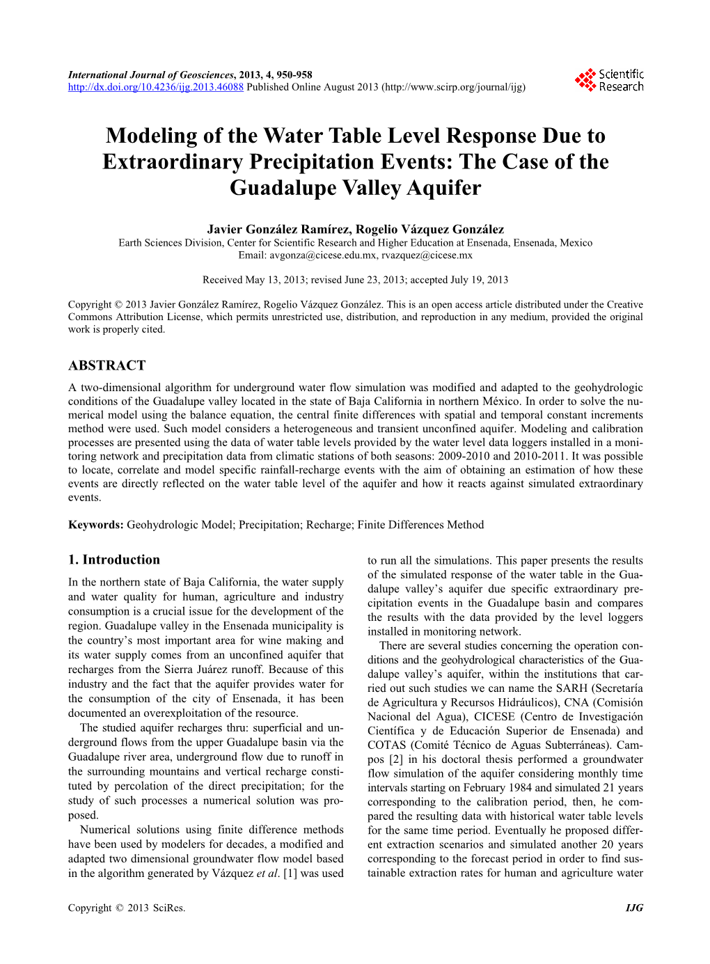 Modeling of the Water Table Level Response Due to Extraordinary Precipitation Events: the Case of the Guadalupe Valley Aquifer