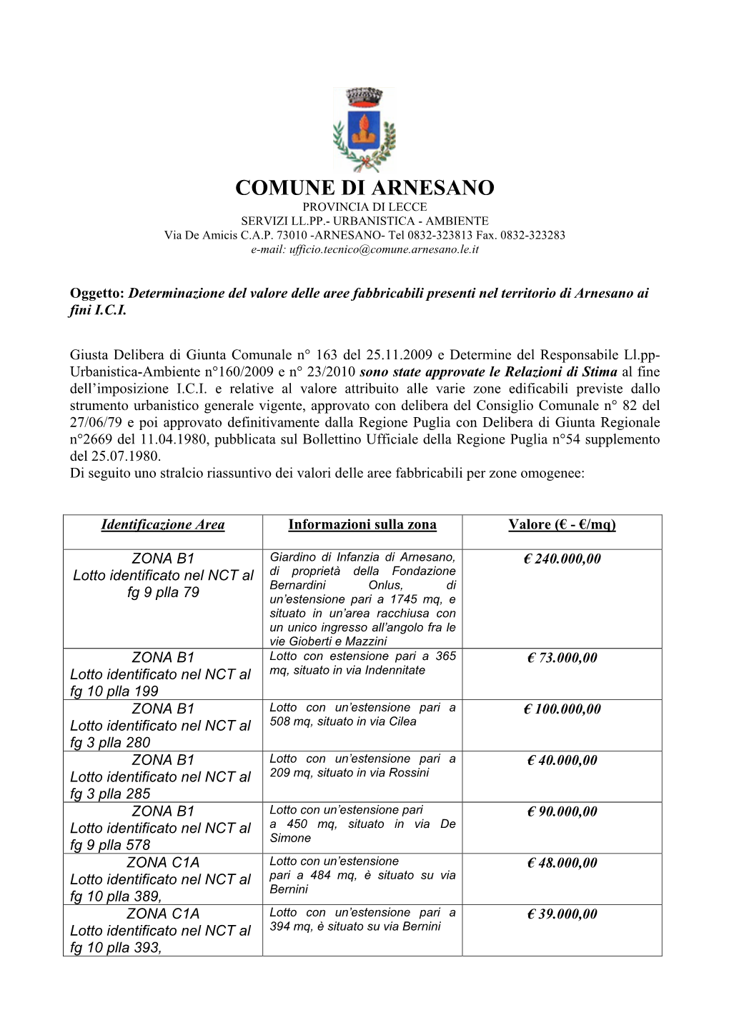 COMUNE DI ARNESANO PROVINCIA DI LECCE SERVIZI LL.PP.- URBANISTICA - AMBIENTE Via De Amicis C.A.P