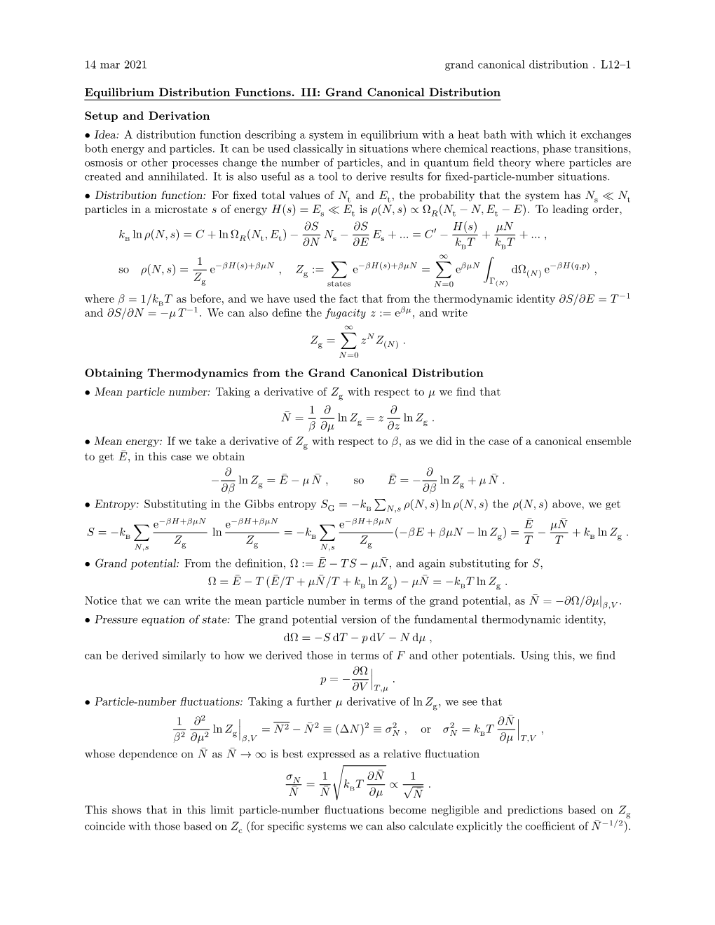 14 Mar 2021 Grand Canonical Distribution . L12–1 Equilibrium