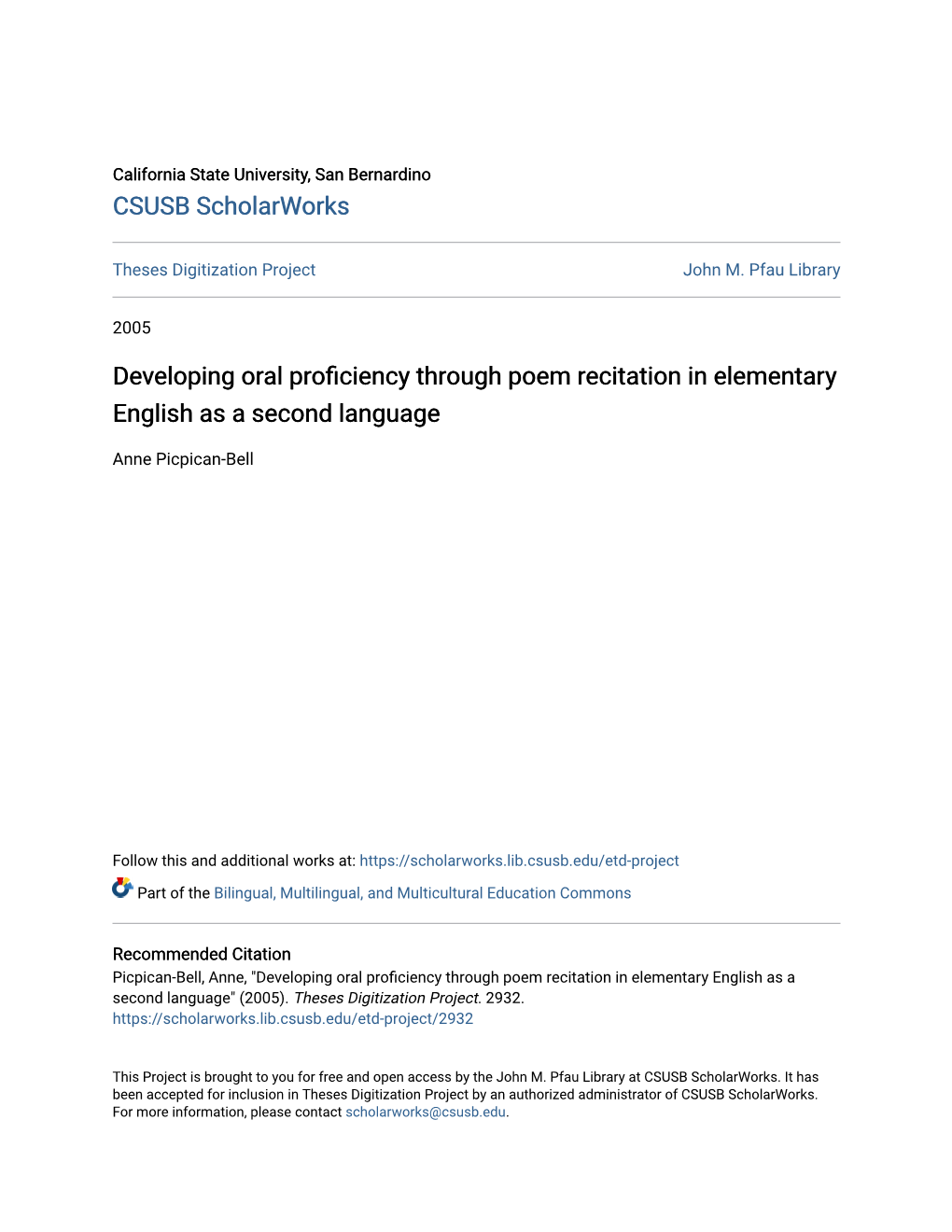 Developing Oral Proficiency Through Poem Recitation in Elementary English As a Second Language