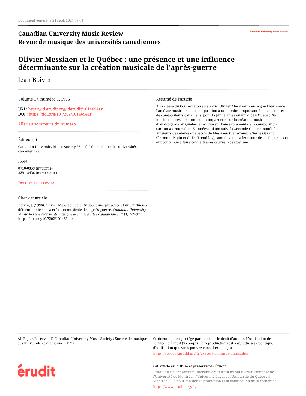 Olivier Messiaen Et Le Québec : Une Présence Et Une Influence Déterminante Sur La Création Musicale De L’Après-Guerre Jean Boivin
