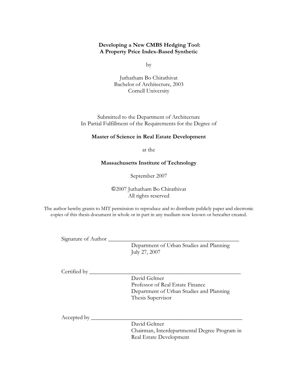 Developing a New CMBS Hedging Tool: a Property Price Index-Based Synthetic