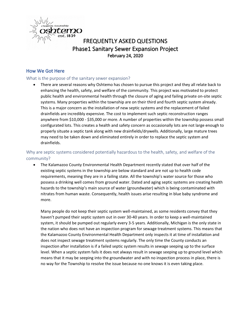 FREQUENTLY ASKED QUESTIONS Phase1 Sanitary Sewer Expansion Project February 24, 2020