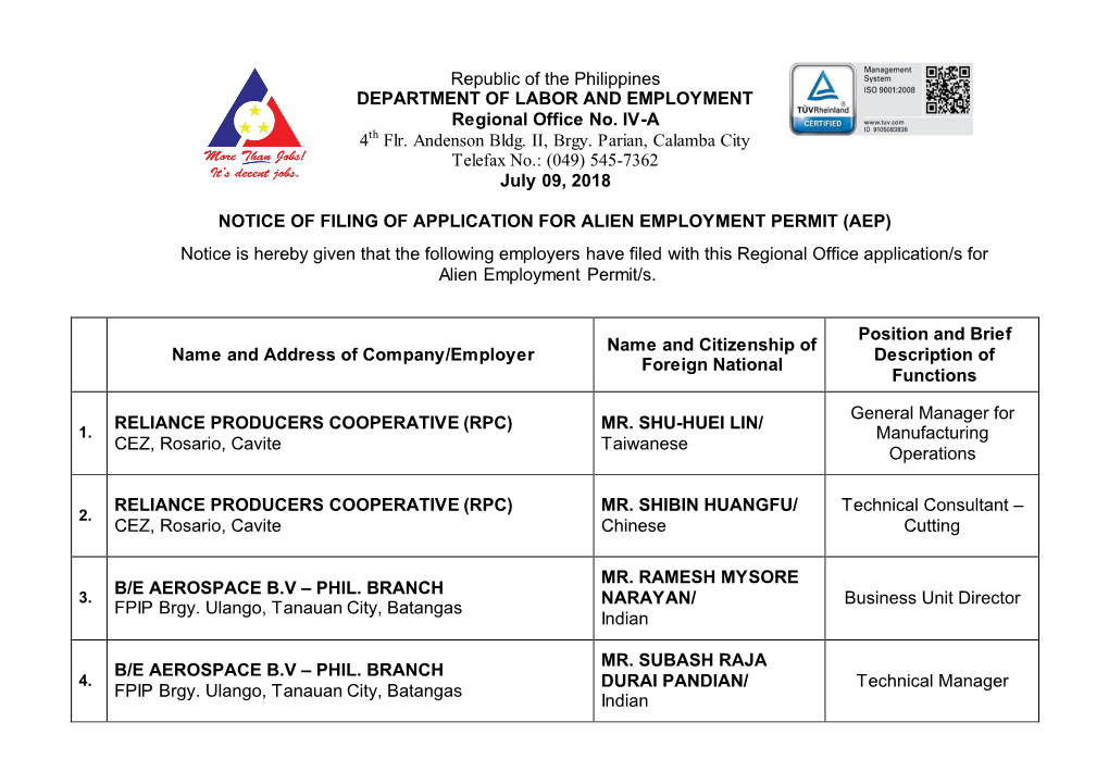 Republic of the Philippines DEPARTMENT of LABOR and EMPLOYMENT Regional Office No