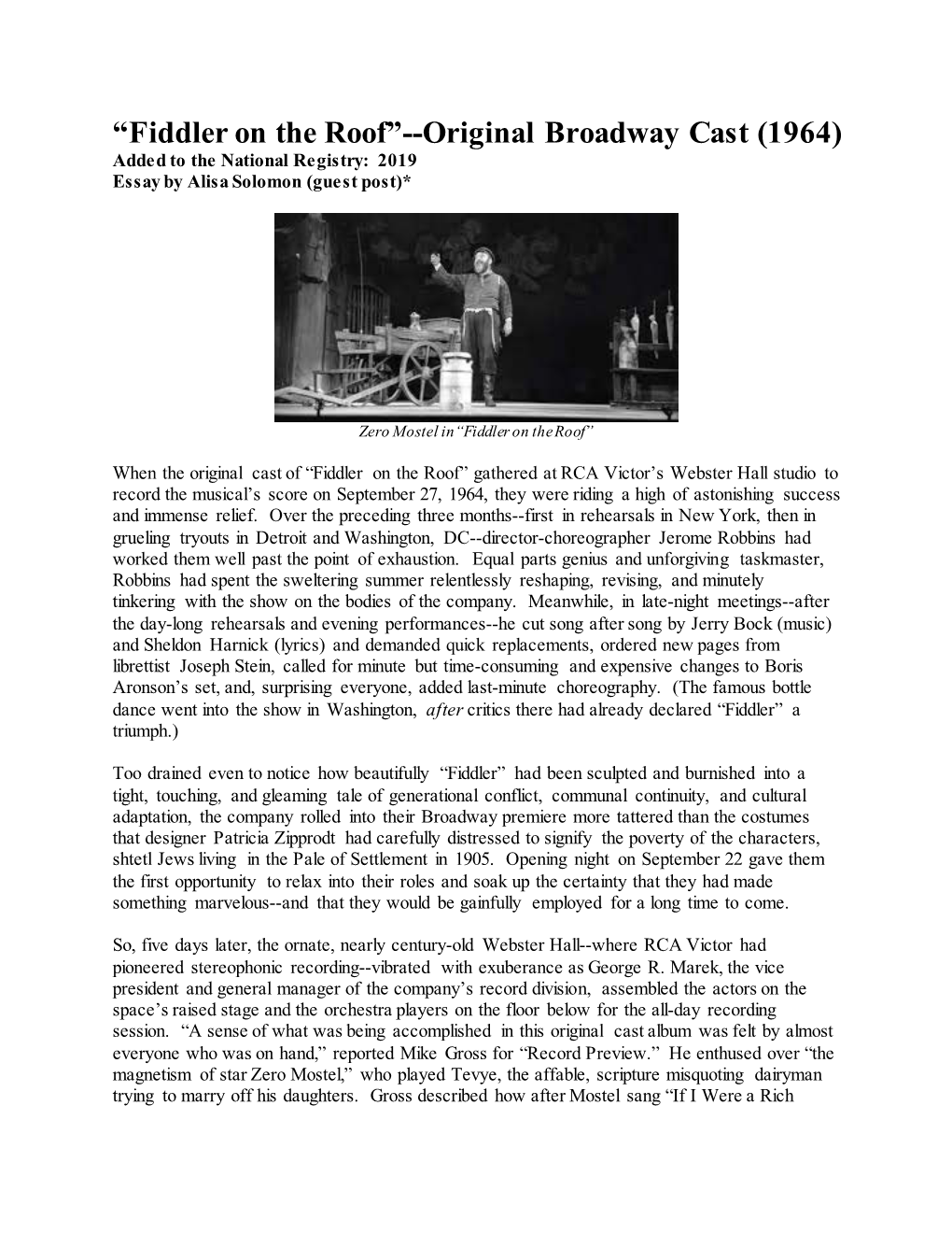 Fiddler on the Roof”--Original Broadway Cast (1964) Added to the National Registry: 2019 Essay by Alisa Solomon (Guest Post)*