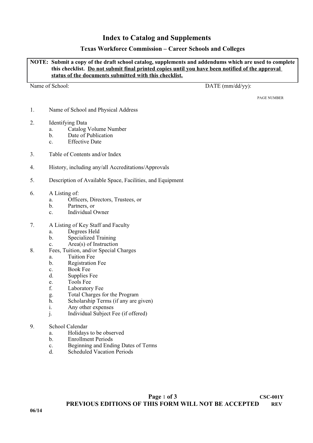 Career Schools & Colleges Form CSC-001Y: Index to Catalog and Supplements