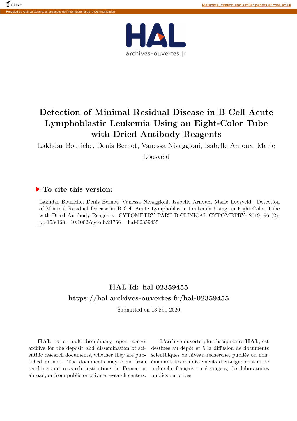 Detection of Minimal Residual Disease in B Cell Acute