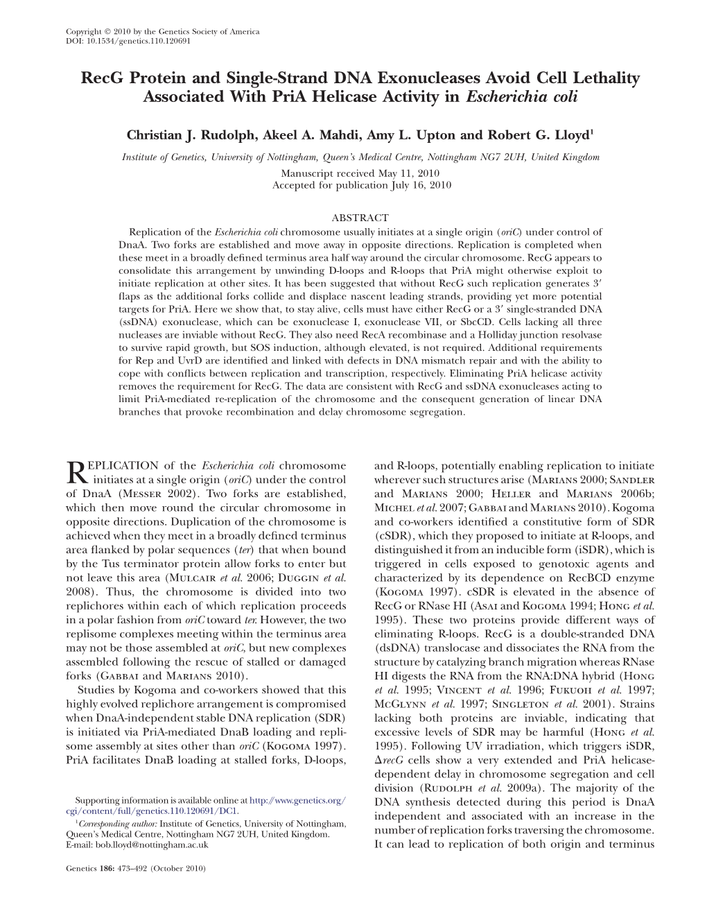 Recg Protein and Single-Strand DNA Exonucleases Avoid Cell Lethality Associated with Pria Helicase Activity in Escherichia Coli