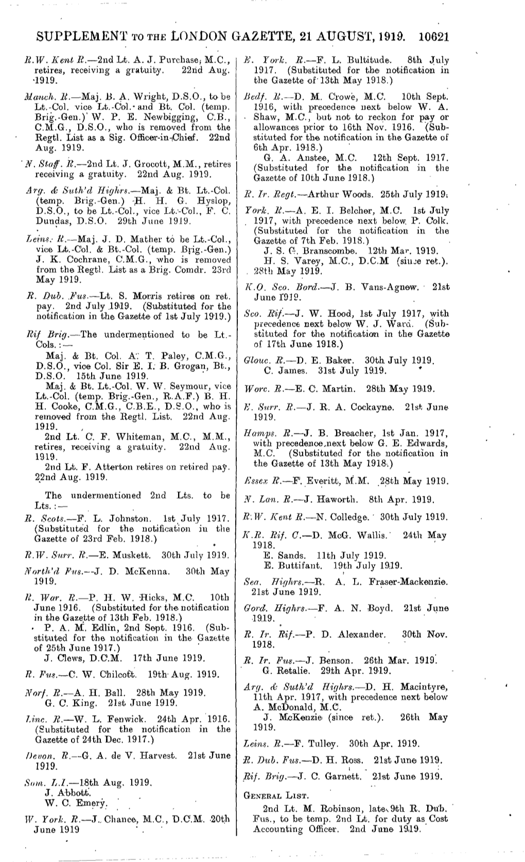 Supplement to the London Gazette, 21 August, 1910. 10621