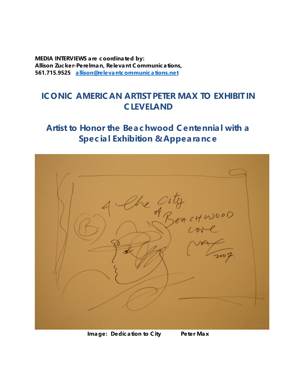 ICONIC AMERICAN ARTIST PETER MAX to EXHIBIT in CLEVELAND Artist to Honor the Beachwood Centennial with a Special Exhibition &