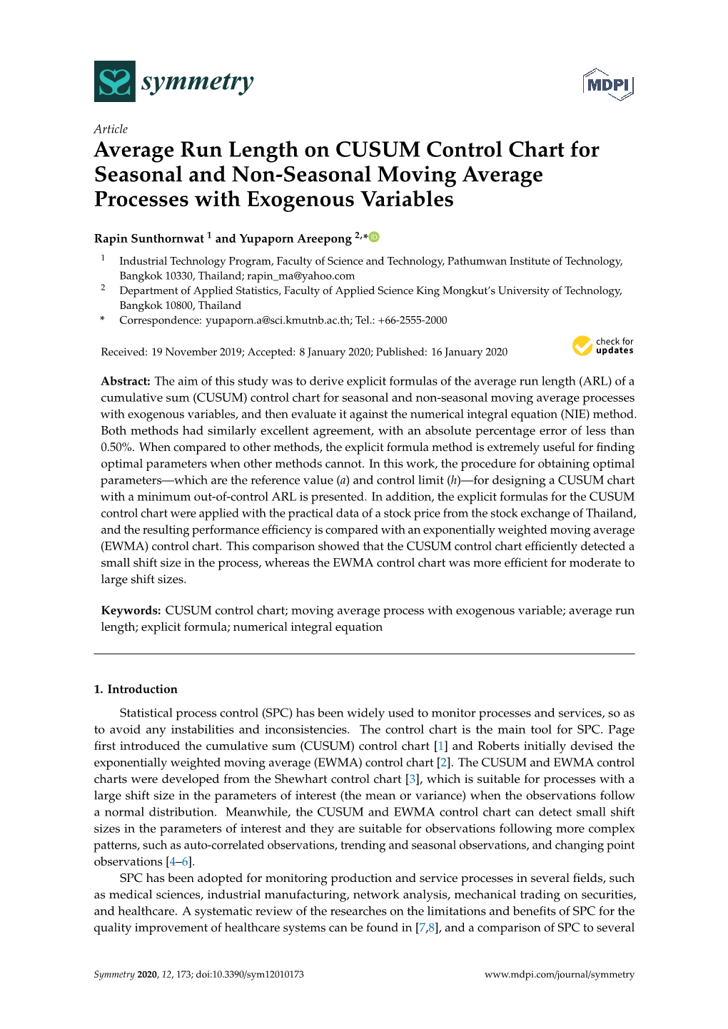 Average Run Length on CUSUM Control Chart for Seasonal and Non-Seasonal Moving Average Processes with Exogenous Variables