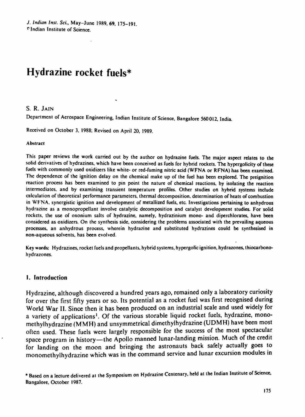 Hydrazine Rocket Fuels*