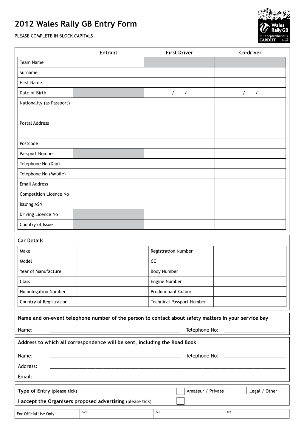 2012 Wales Rally GB Entry Form