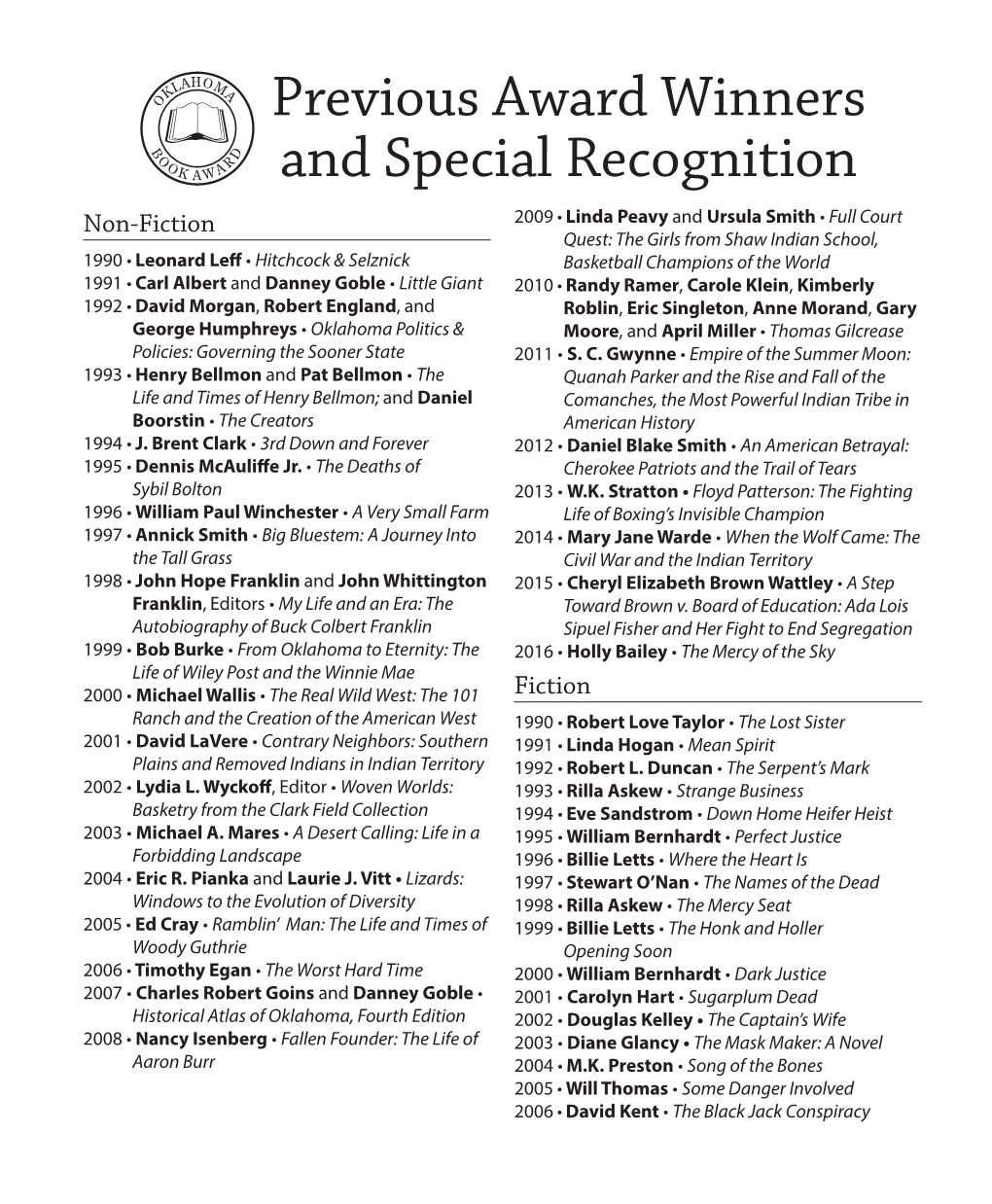 Previous Oklahoma Book Award Winners and Special Recognitions