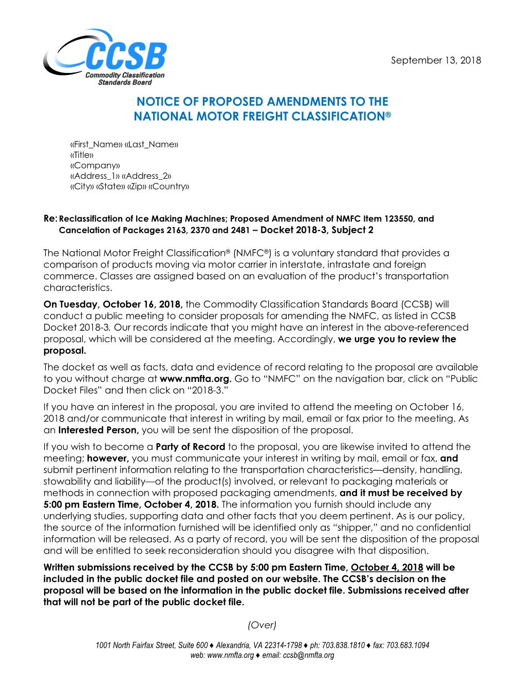 Notice of Proposed Amendments to the National Motor Freight Classification®