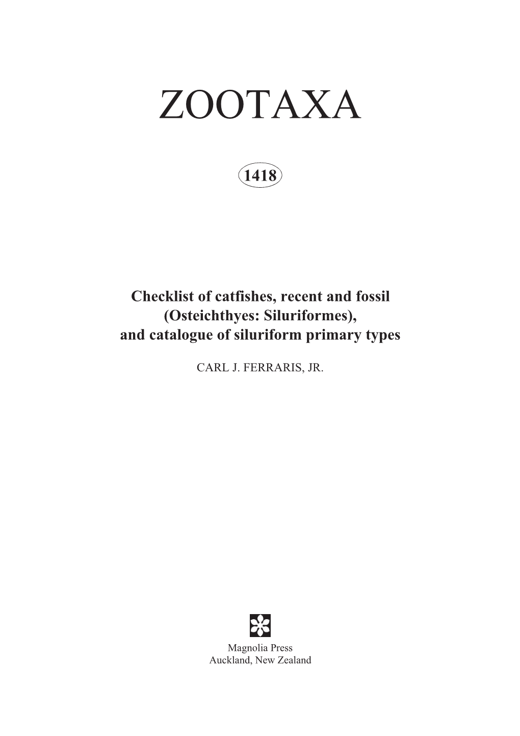 Zootaxa, Checklist of Catfishes, Recent and Fossil