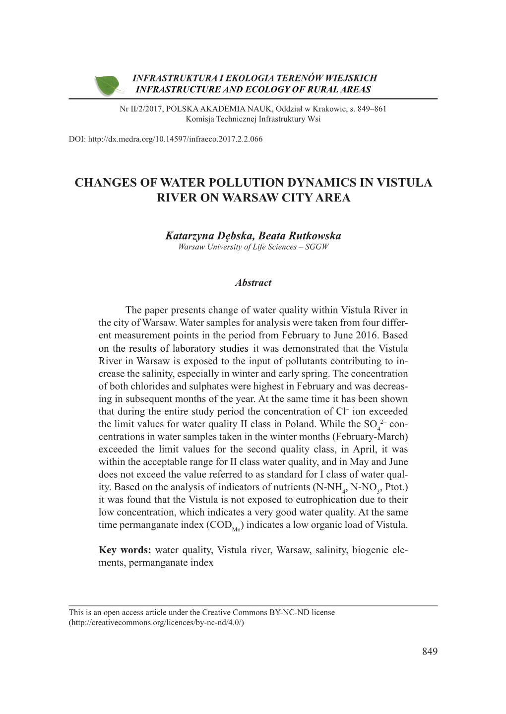 Changes of Water Pollution Dynamics in Vistula River on Warsaw City Area