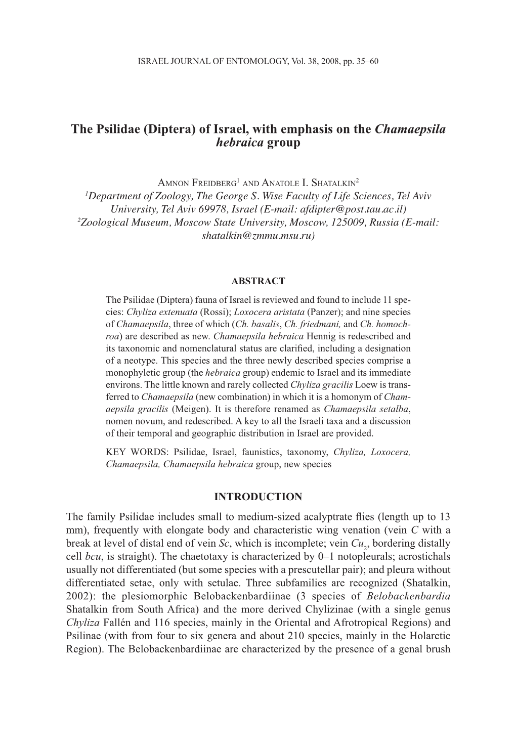 The Psilidae (Diptera) of Israel, with Emphasis on the Chamaepsila Hebraica Group