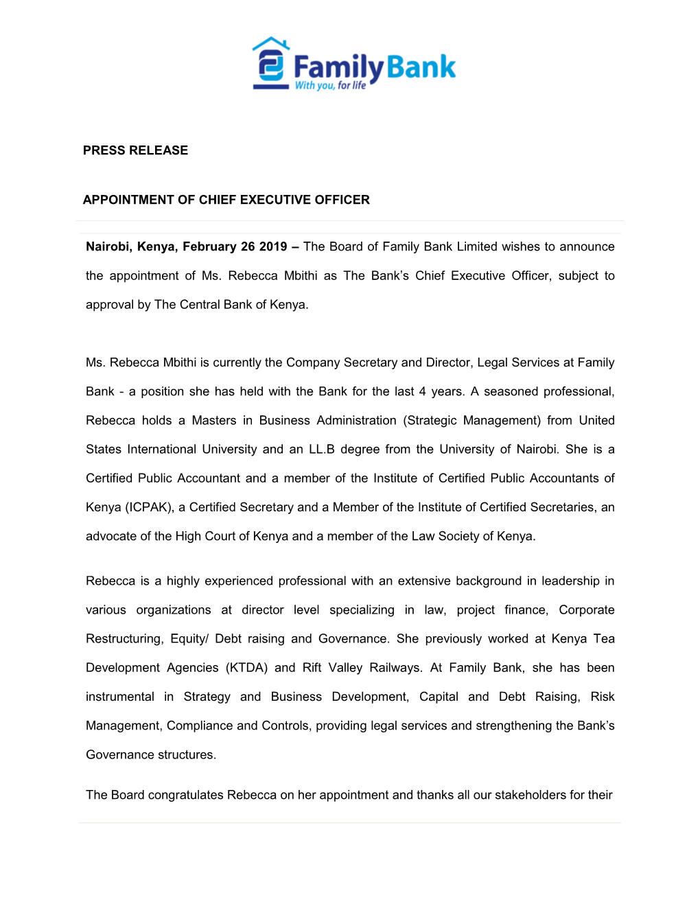 CEO Announcement Press Release