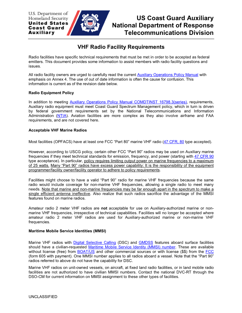 VHF Radio Facility Requirements