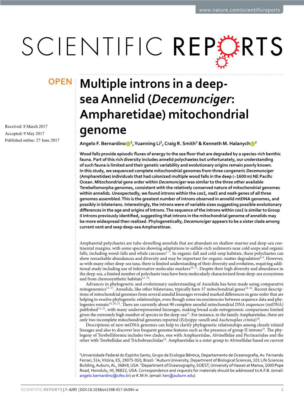 Sea Annelid (Decemunciger: Ampharetidae) Mitochondrial Genome