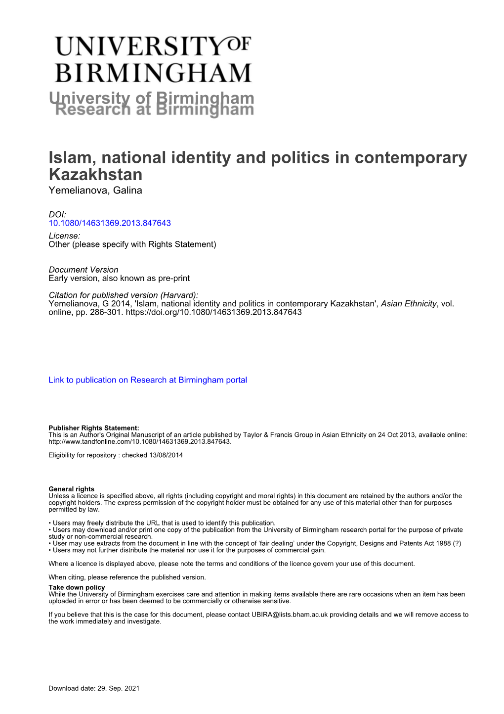 University of Birmingham Islam, National Identity and Politics In