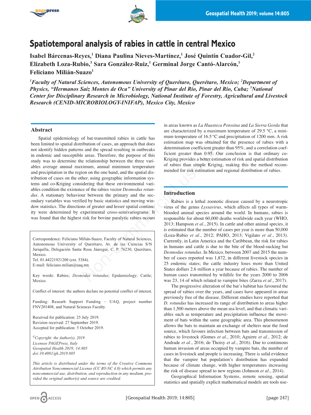 Spatiotemporal Analysis of Rabies in Cattle in Central Mexico