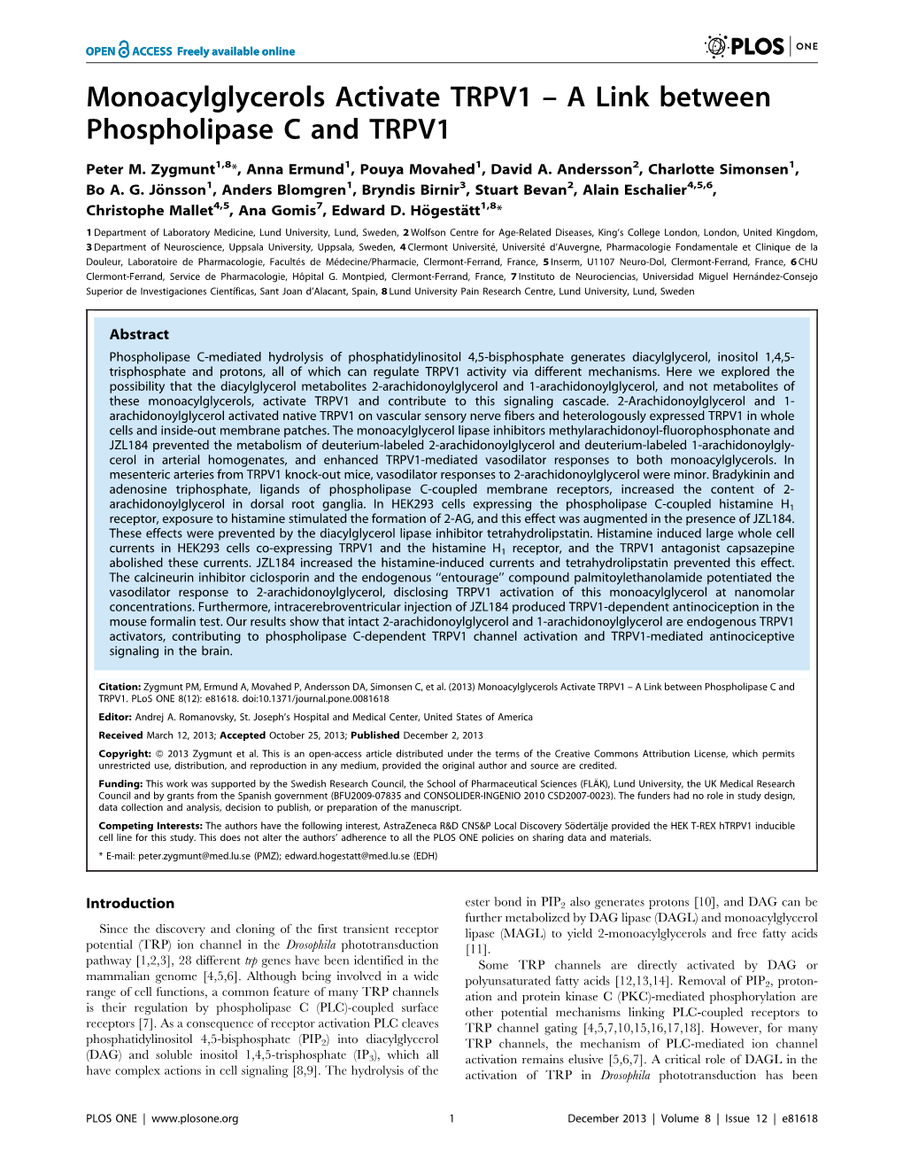 Monoacylglycerols Activate TRPV1 – a Link Between Phospholipase C and TRPV1